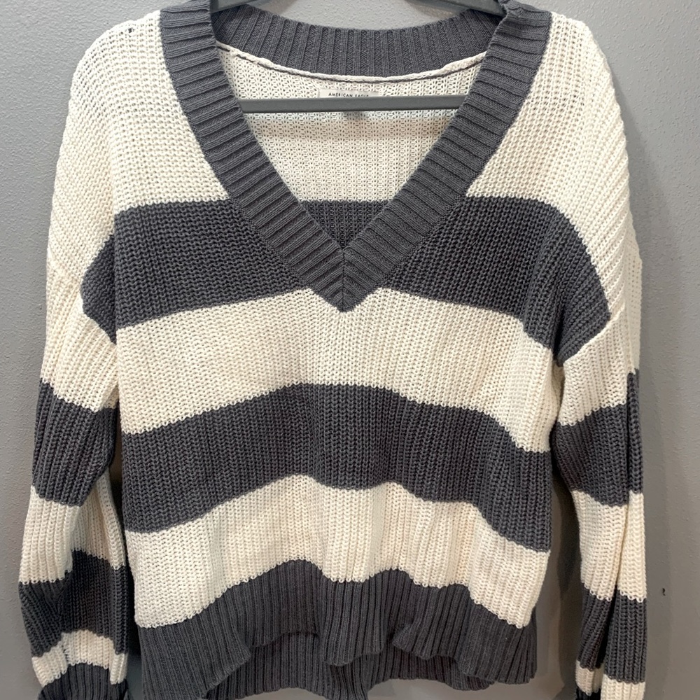 Grey and White Knit V Neck.